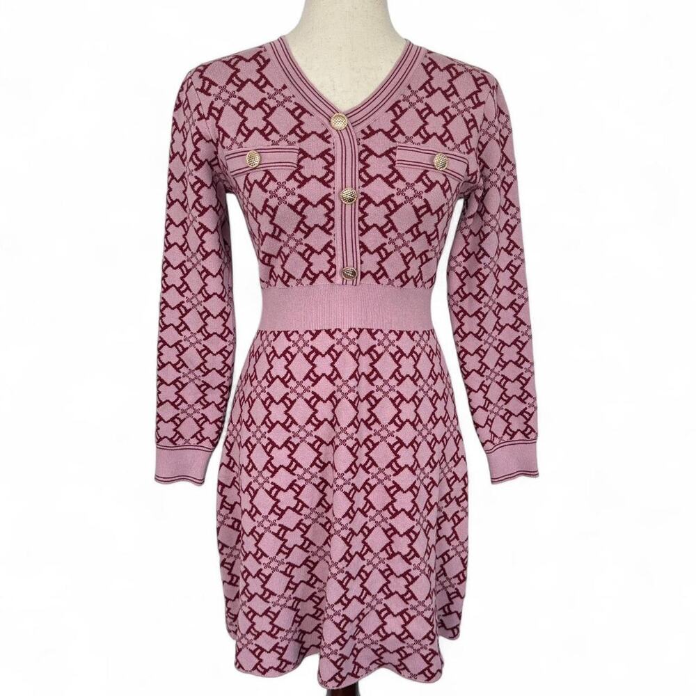 Pink and burgundy long sleeve retro knit preppy sweater dress